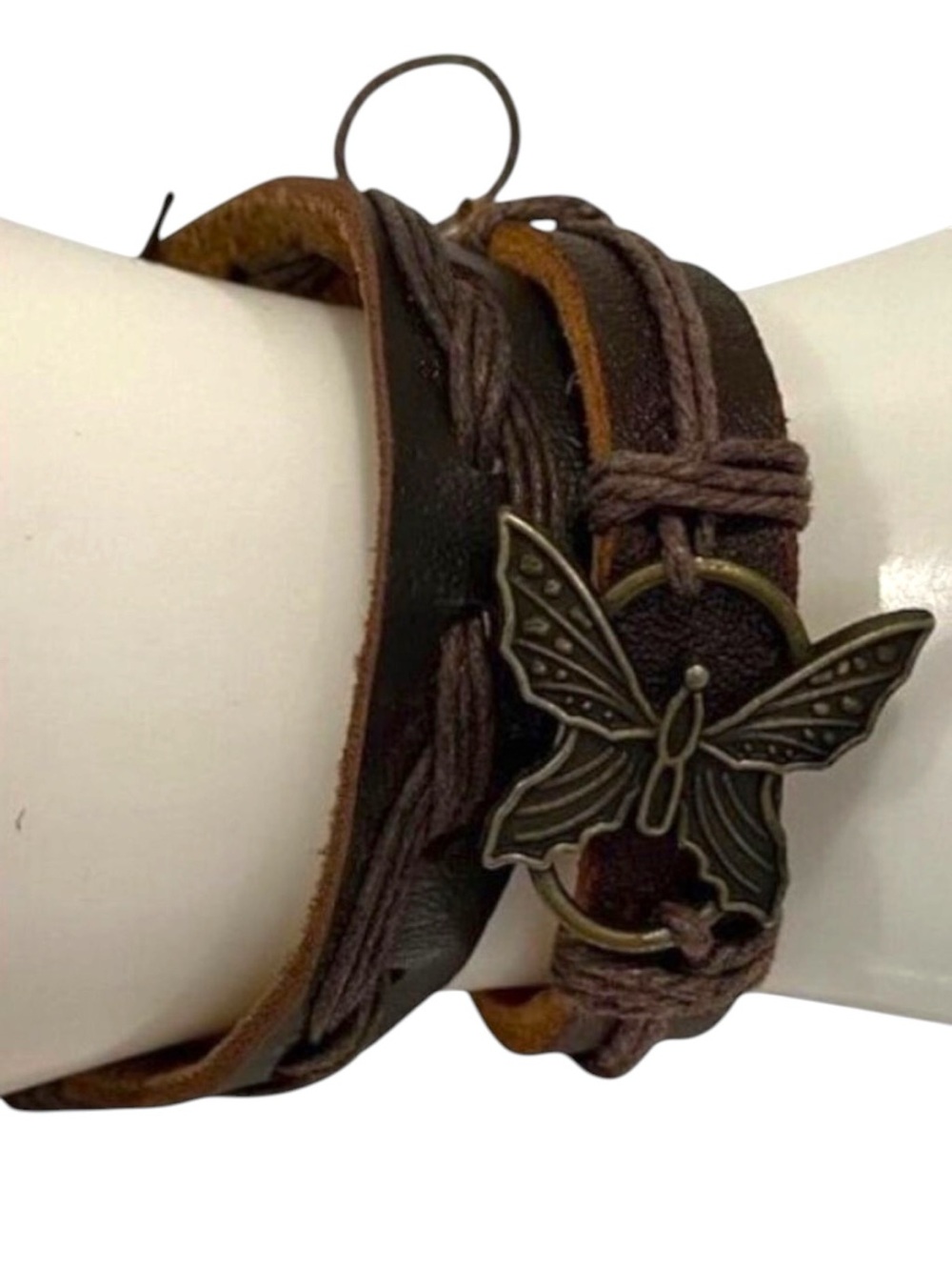 Boho Leather & Cord Butterfly Charm 2 set Bracelets genuine leather brown nature